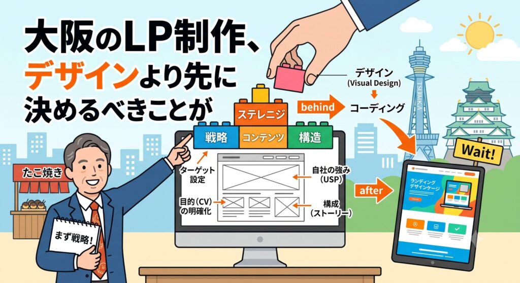 「大阪のLP制作、デザインより先に決めるべきことが」というテキストと、大阪の街並みを背景に、デザイン着手前のワイヤーフレームや戦略設計（ターゲット設定、目的の明確化など）の重要性をブロック図で解説するビジネスマンのイラスト