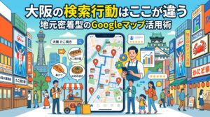 大阪の街並みを背景に、スマートフォンでGoogleマップを使ってたこ焼きなどの地元グルメを検索するユーザーと、店舗情報を管理するオーナーを描いたイラスト