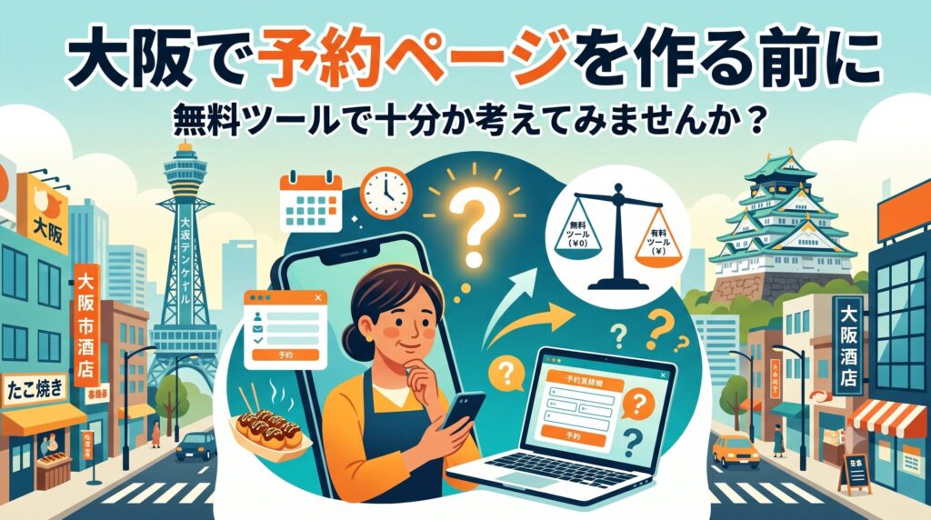 大阪の街並みを背景に、店舗の予約システム導入において無料ツールと有料システムを比較検討して悩むビジネスパーソンのイラスト