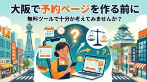 大阪の街並みを背景に、店舗の予約システム導入において無料ツールと有料システムを比較検討して悩むビジネスパーソンのイラスト