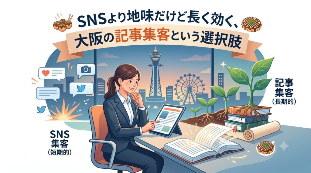 大阪の街並みを背景に、短期的なSNS集客と長期的な資産となる記事集客を比較検討するビジネスウーマンのイラスト。「SNSより地味だけど長く効く、大阪の記事集客という選択肢」のテキスト入り