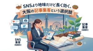 大阪の街並みを背景に、短期的なSNS集客と長期的な資産となる記事集客を比較検討するビジネスウーマンのイラスト。「SNSより地味だけど長く効く、大阪の記事集客という選択肢」のテキスト入り