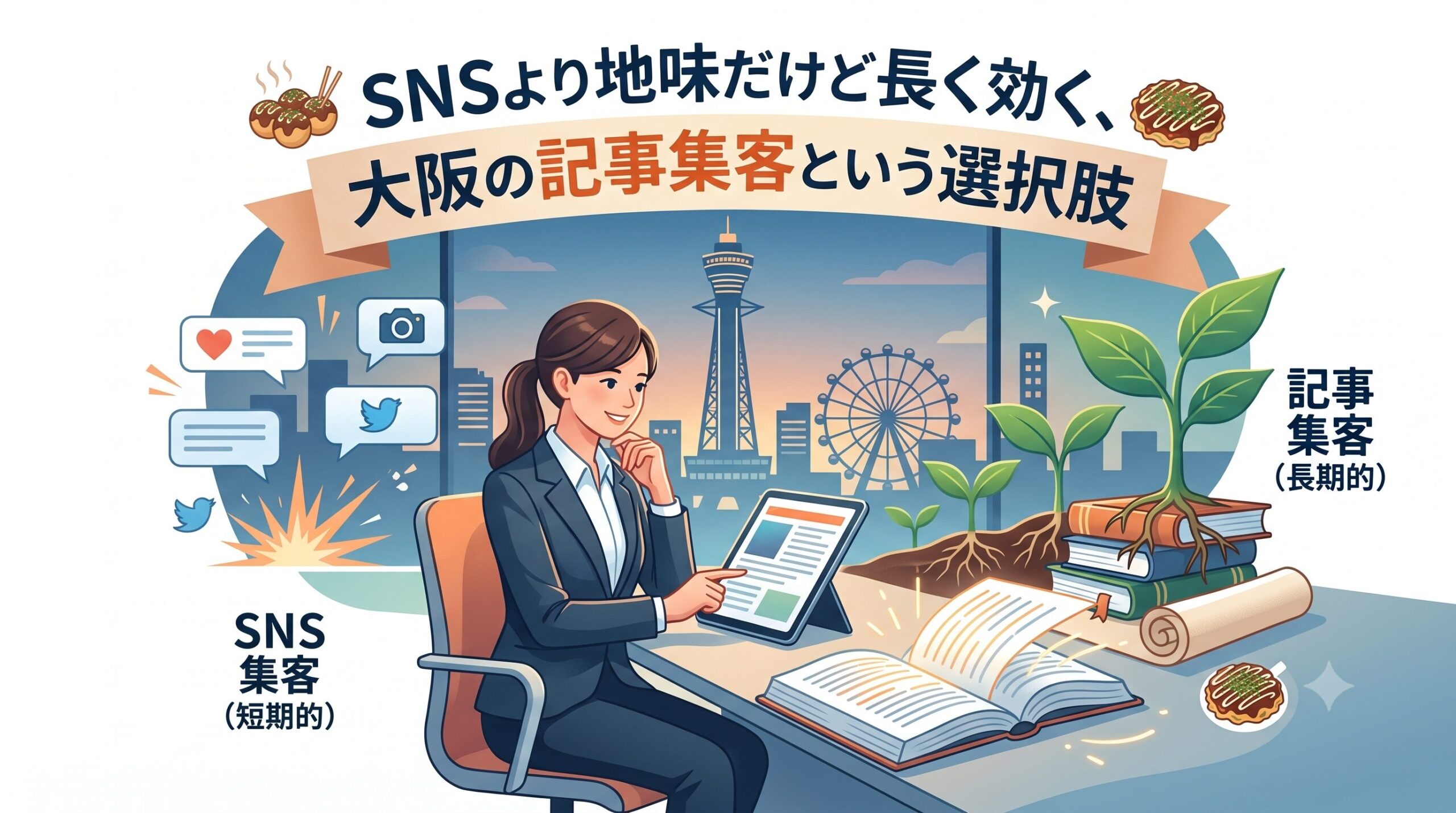 大阪の街並みを背景に、短期的なSNS集客と長期的な資産となる記事集客を比較検討するビジネスウーマンのイラスト。「SNSより地味だけど長く効く、大阪の記事集客という選択肢」のテキスト入り