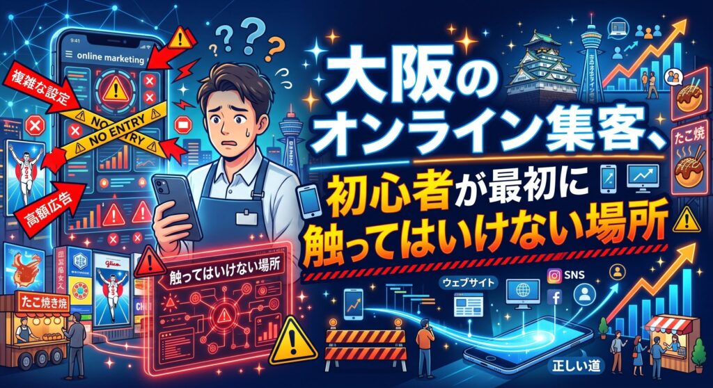 「大阪のオンライン集客、初心者が最初に触ってはいけない場所」というテキストと、複雑な設定や高額広告といった危険な領域に戸惑う店主、そしてウェブサイトやSNSから始める正しい集客の道筋を対比して描いたイラスト