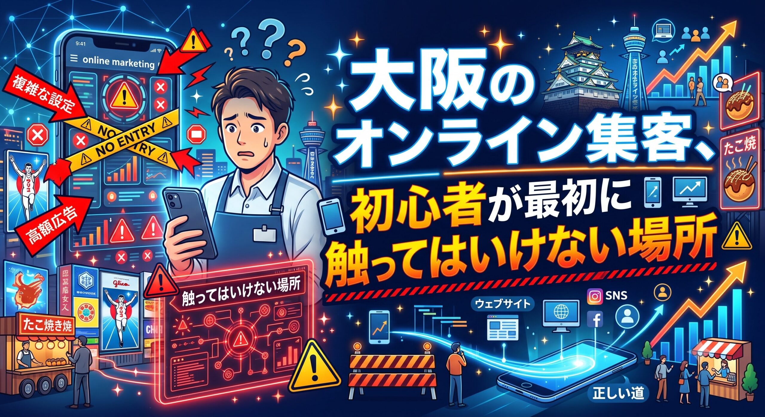 「大阪のオンライン集客、初心者が最初に触ってはいけない場所」というテキストと、複雑な設定や高額広告といった危険な領域に戸惑う店主、そしてウェブサイトやSNSから始める正しい集客の道筋を対比して描いたイラスト