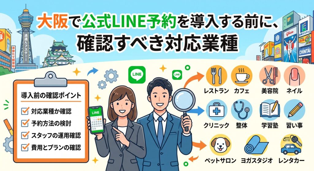 大阪の街を背景に、公式LINE予約導入前に確認すべきポイント（業種適合や運用体制など）を解説するビジネスパーソンとアイコン図解