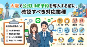 大阪の街を背景に、公式LINE予約導入前に確認すべきポイント（業種適合や運用体制など）を解説するビジネスパーソンとアイコン図解