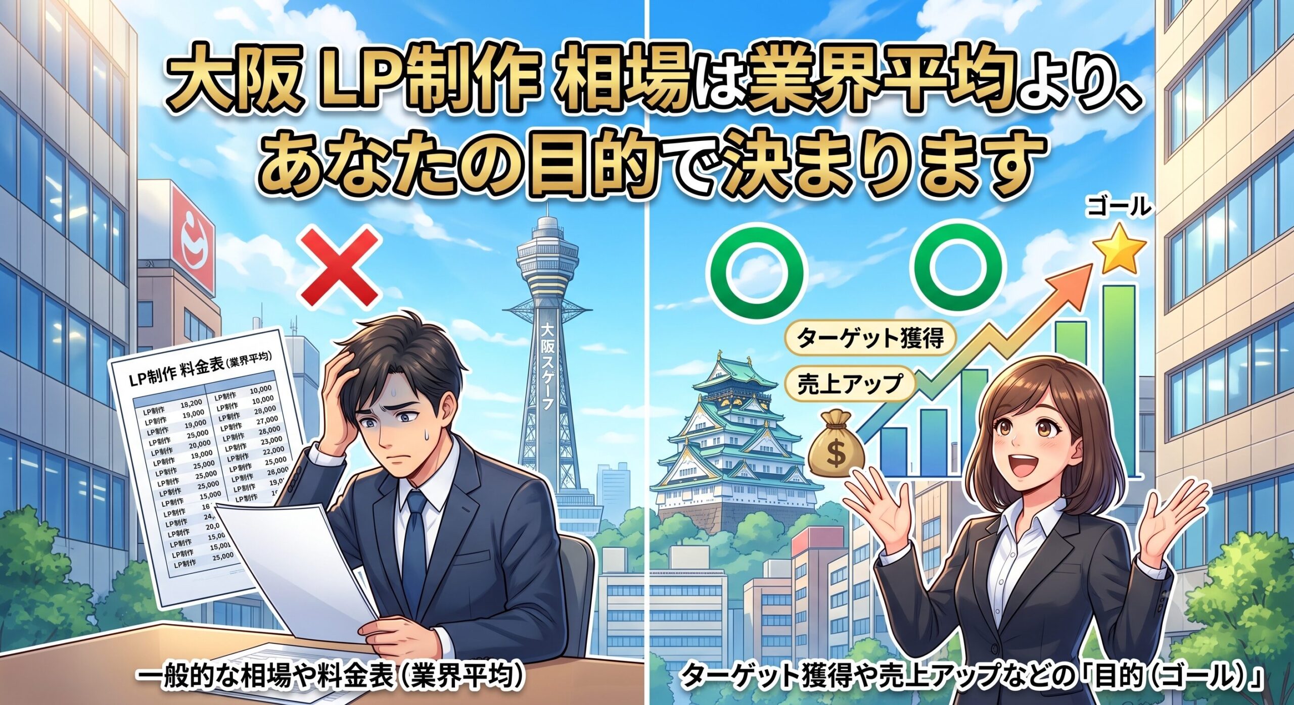 「大阪 LP制作 相場は業界平均より、あなたの目的で決まります」というテキストと、大阪の風景を背景に、一般的な相場表を見て悩む人と、自社の目的（ゴール）を見据えて笑顔になっているビジネスパーソンを左右で対比させたイラスト