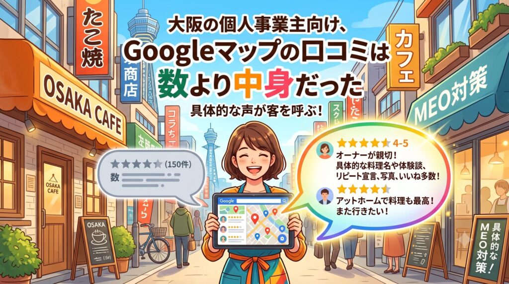 通天閣が見える大阪の商店街を背景に、Googleマップの画面を見せる笑顔の女性スタッフ。「大阪の個人事業主向け、Googleマップの口コミは数より中身だった 具体的な声が客を呼ぶ！」と書かれたアイキャッチ画像。