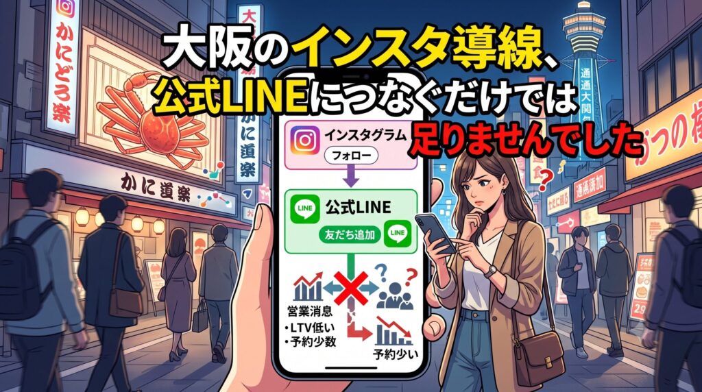 大阪・道頓堀の夜景を背景に、スマートフォンのマーケティング経路図でInstagramから公式LINEへ繋ぐだけでは成果が出ない（LTV低い、予約少数）という課題を示すアイキャッチ画像。