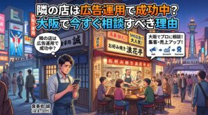 スマホを見て集客に悩む飲食店の店主と、SNS広告を活用して満員になっている隣のお好み焼き屋の対比イラスト。「隣の店は広告運用で成功中？大阪で今すぐ相談すべき理由」というテキスト。
