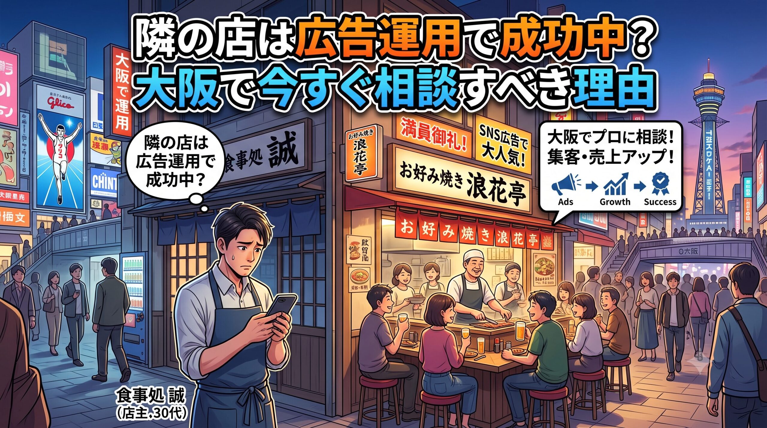 スマホを見て集客に悩む飲食店の店主と、SNS広告を活用して満員になっている隣のお好み焼き屋の対比イラスト。「隣の店は広告運用で成功中？大阪で今すぐ相談すべき理由」というテキスト。