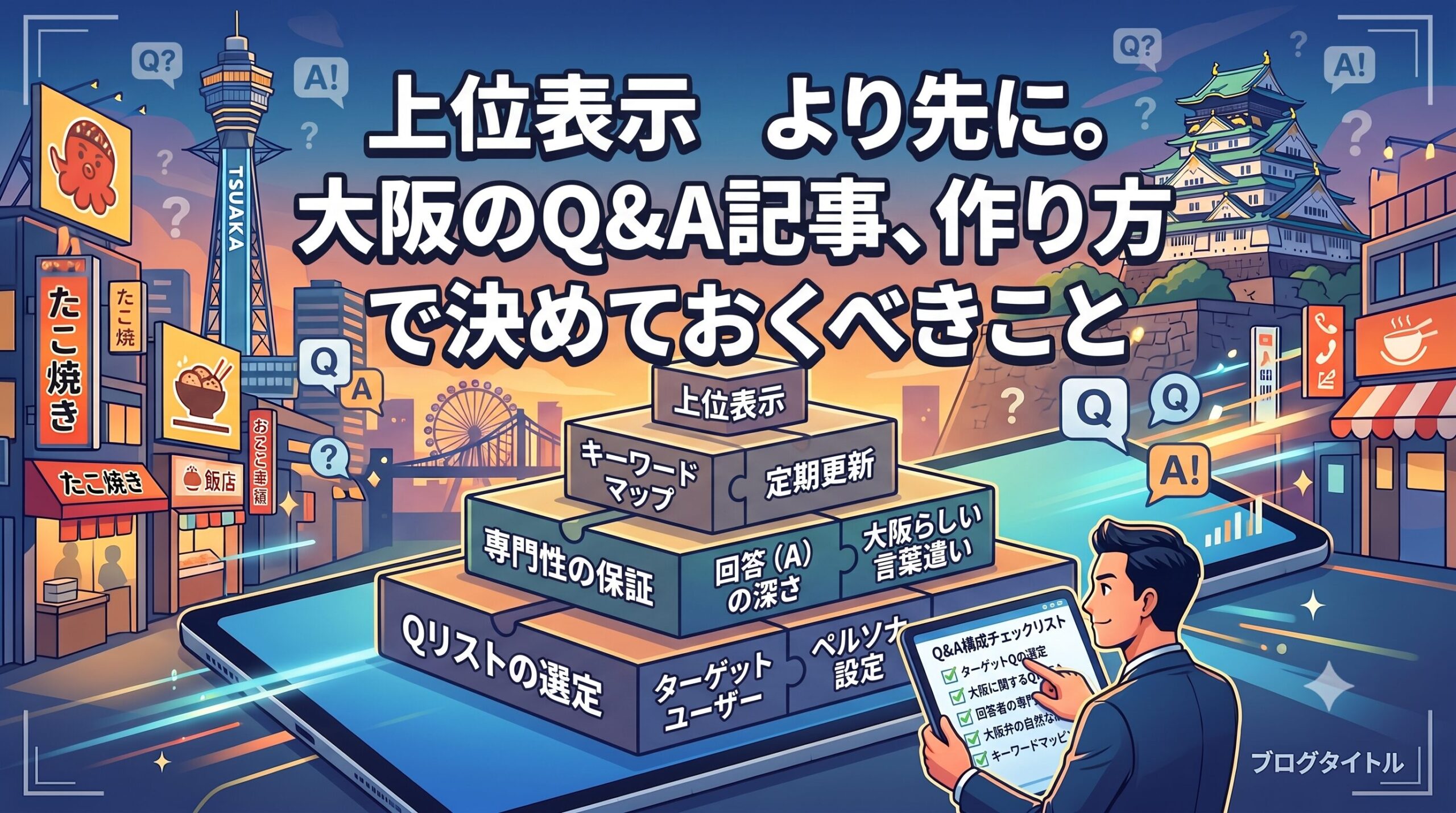 「上位表示より先に。大阪のQ&A記事、作り方で決めておくべきこと」のテキストと、大阪の街並みを背景にQ&A記事の戦略的構造をピラミッド図で確認するビジネスマンのイラスト