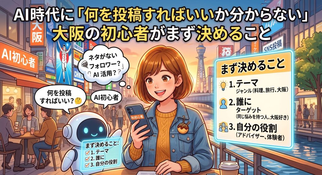 大阪の街を背景に、SNSの投稿内容に悩む女性と、テーマやターゲットなど「まず決めること」をアドバイスするAIロボットを描いたイラスト