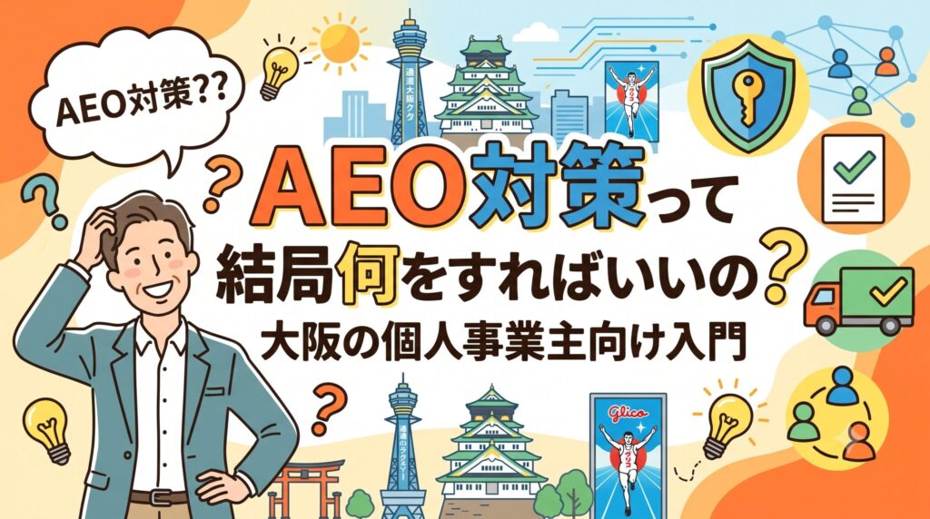 「AEO対策って結局何をすればいいの？ 大阪の個人事業主向け入門」というタイトルテキストが中央に大きく配置された、明るいイラストのアイキャッチ画像。左側に困惑した表情で頭をかくスーツ姿の男性が描かれ、吹き出しに「AEO対策??」とある。周囲には大阪の観光名所（通天閣、大阪城、グリコサイン風のランナー）や、AEOに関連するセキュリティの盾、チェックリスト、トラック、ネットワークなどのアイコンが配置されている。