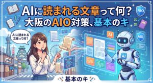 「AIに読まれる文章って何？大阪のAIO対策、基本のキ」というテキストと、大阪の街並みを背景に、AIがキーワードやデータ構造を論理的に解析している様子を見つめる女性のイラスト