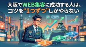 夜の大阪の街並み（通天閣と大阪城）を背景に、マーケティングアイコンに囲まれてパソコンを使うビジネスマンのイラスト。手前に1、2、3の番号が付いた光るステップが描かれている。上部に『大阪でWEB集客に成功する人は、コツを“1つずつ”しかやらない』というタイトルテキストが配置された、ブログ用アイキャッチ画像。