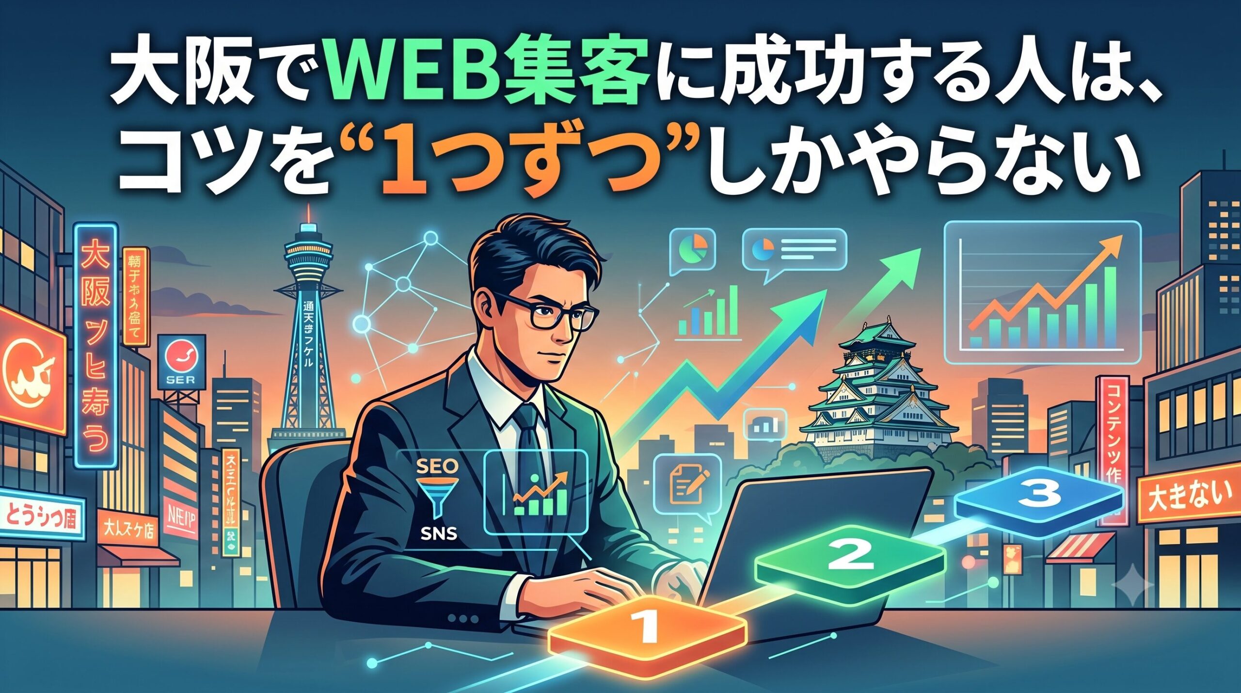 夜の大阪の街並み（通天閣と大阪城）を背景に、マーケティングアイコンに囲まれてパソコンを使うビジネスマンのイラスト。手前に1、2、3の番号が付いた光るステップが描かれている。上部に『大阪でWEB集客に成功する人は、コツを“1つずつ”しかやらない』というタイトルテキストが配置された、ブログ用アイキャッチ画像。