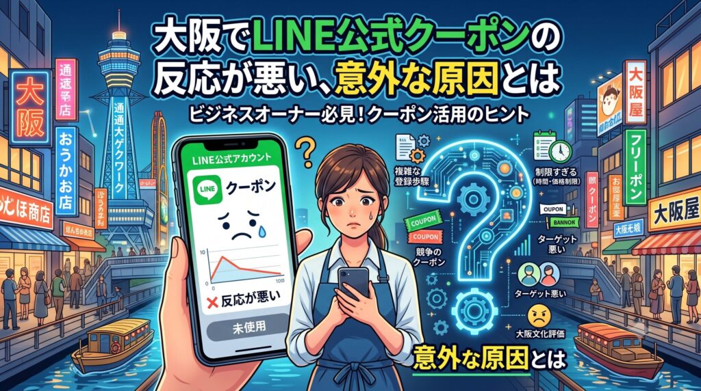 公式LINEクーポンの反応が悪く悩む女性店舗オーナーと、その原因を図解したアイキャッチ画像（大阪の街並み背景）