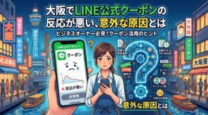 公式LINEクーポンの反応が悪く悩む女性店舗オーナーと、その原因を図解したアイキャッチ画像（大阪の街並み背景）