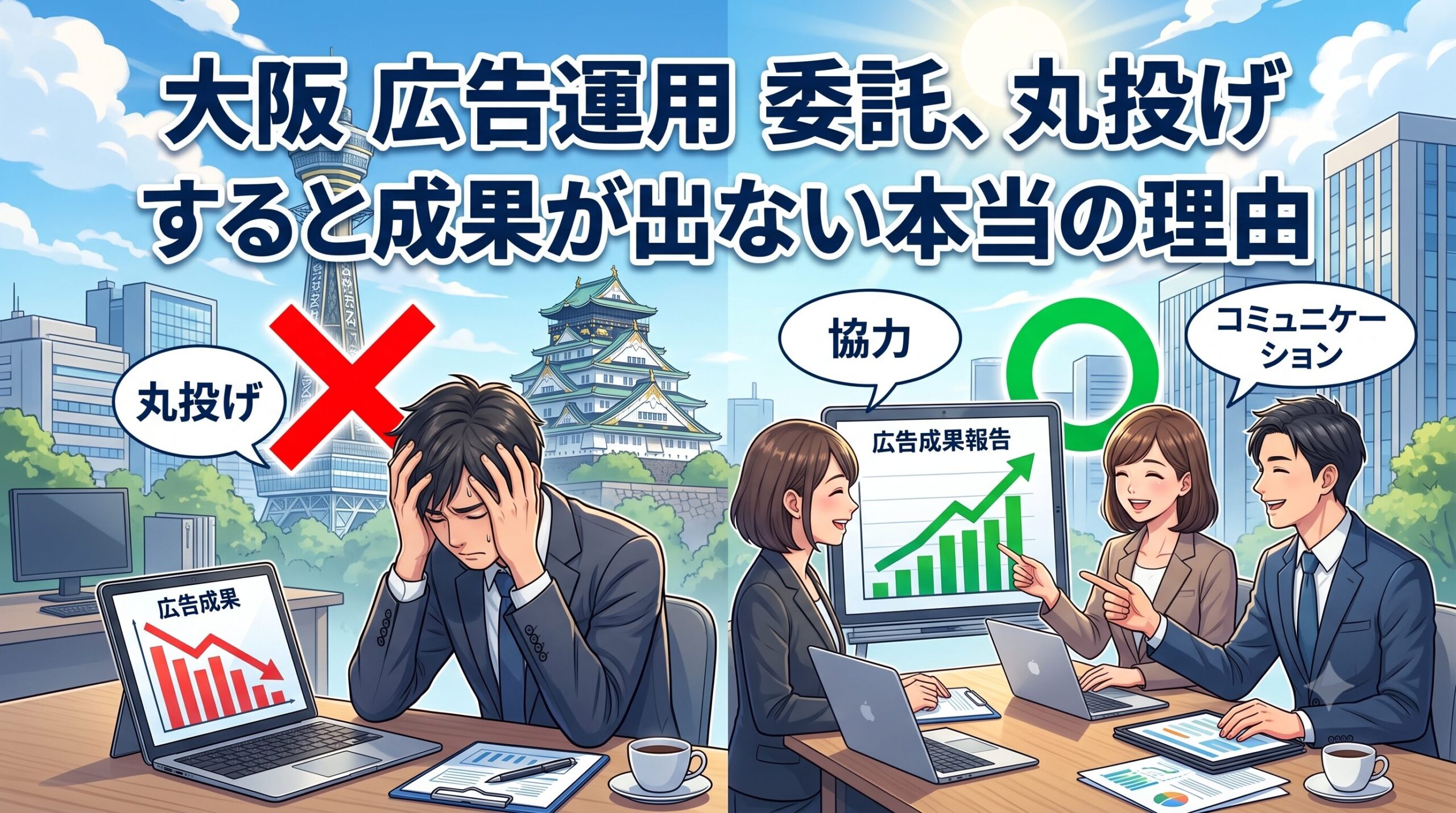 「大阪 広告運用 委託、丸投げすると成果が出ない本当の理由」というテキストと、大阪の風景を背景に、業者に丸投げして失敗している様子と、二人三脚で協力して成果を出している様子を左右で対比させたイラスト