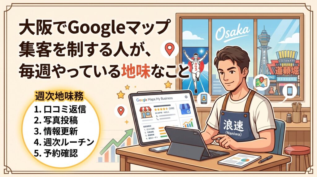 「大阪でGoogleマップ集客を制する人が、毎週やっている地味なこと」というブログ記事のアイキャッチ画像。通天閣や道頓堀など大阪の風景を背景に、エプロン姿の男性スタッフが店舗でタブレットを操作し、Googleマップの店舗情報を管理している様子が描かれている。左下には「口コミ返信」「写真投稿」などの地味な週次タスクがリストアップされている。