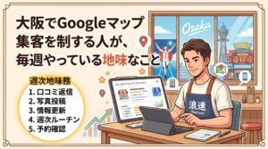 「大阪でGoogleマップ集客を制する人が、毎週やっている地味なこと」というブログ記事のアイキャッチ画像。通天閣や道頓堀など大阪の風景を背景に、エプロン姿の男性スタッフが店舗でタブレットを操作し、Googleマップの店舗情報を管理している様子が描かれている。左下には「口コミ返信」「写真投稿」などの地味な週次タスクがリストアップされている。