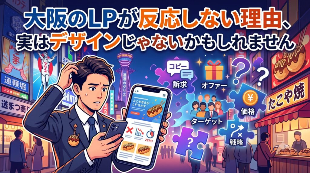 大阪の街並みを背景に、成果の出ないランディングページ（LP）を見て頭を抱えるビジネスマンと、LPの成果を左右する「ターゲット」「訴求」「オファー」「戦略」などの非デザイン要素をパズルのピースで表現したイラスト
