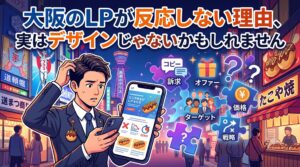 大阪の街並みを背景に、成果の出ないランディングページ（LP）を見て頭を抱えるビジネスマンと、LPの成果を左右する「ターゲット」「訴求」「オファー」「戦略」などの非デザイン要素をパズルのピースで表現したイラスト