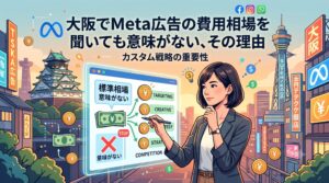 Meta広告の「標準相場は意味がない」と書かれたボードを前に、カスタム戦略（ターゲティング、クリエイティブ、戦略）の重要性について考える女性と大阪の街並みのイラスト