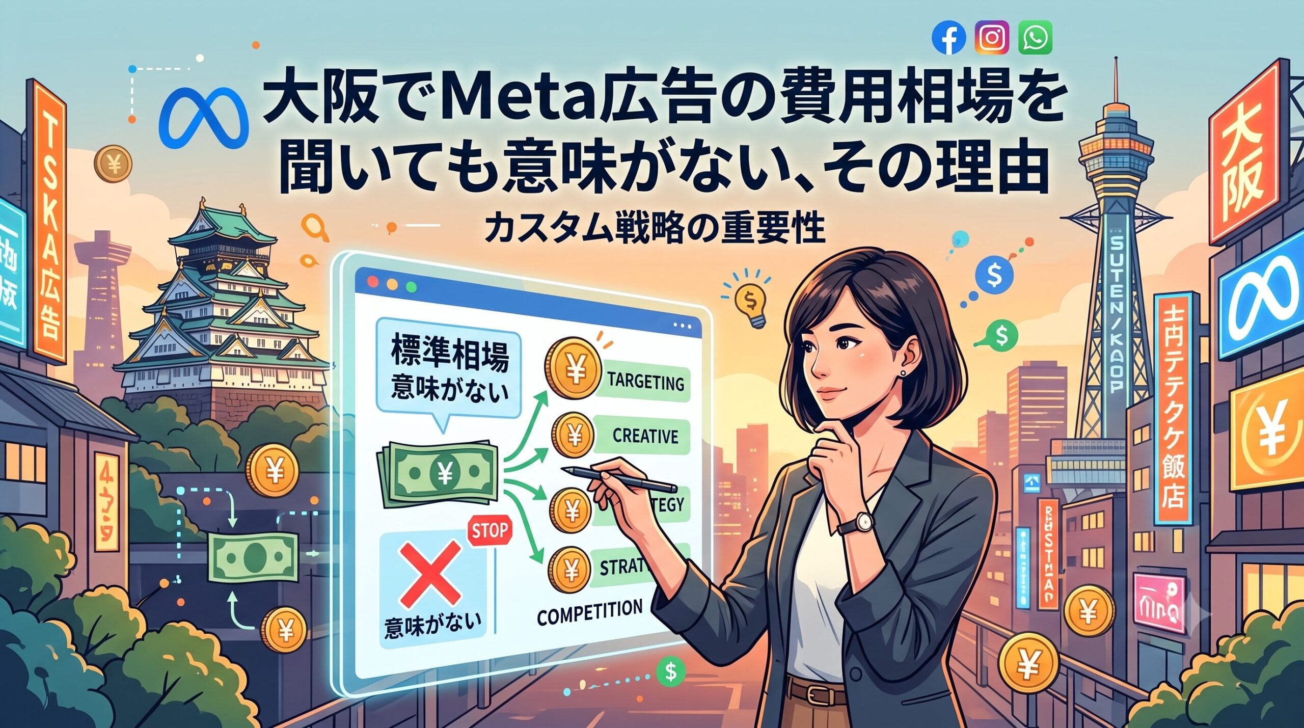 Meta広告の「標準相場は意味がない」と書かれたボードを前に、カスタム戦略（ターゲティング、クリエイティブ、戦略）の重要性について考える女性と大阪の街並みのイラスト