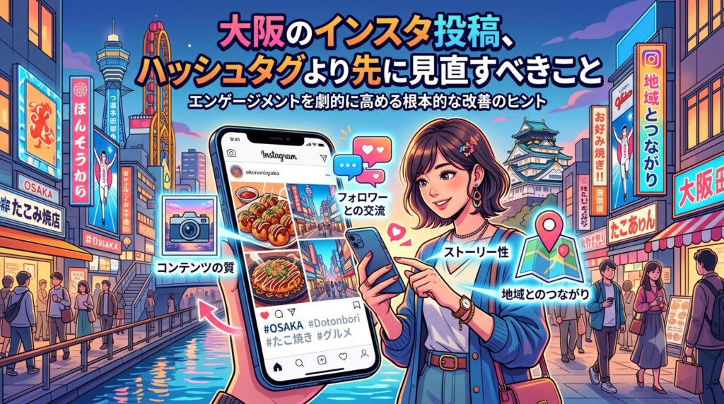 大阪の街並みを背景に、Instagramのエンゲージメントを高めるための重要要素（コンテンツの質、地域とのつながり等）を図解したアイキャッチ画像