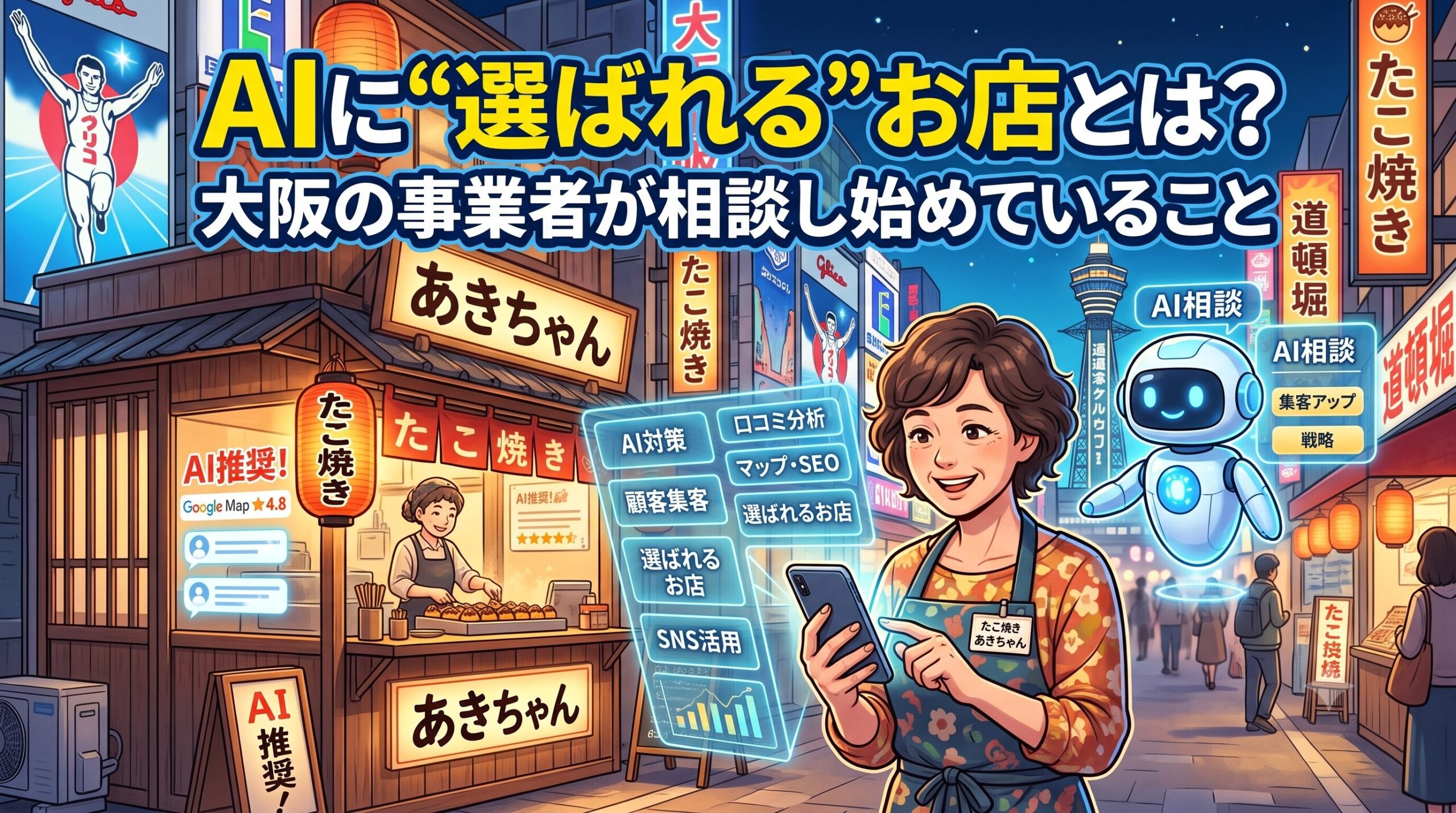 大阪の繁華街でたこ焼き屋の店主がスマートフォンを開き、隣にいるAIキャラクターに店舗集客やSEO対策の相談をしているイラスト