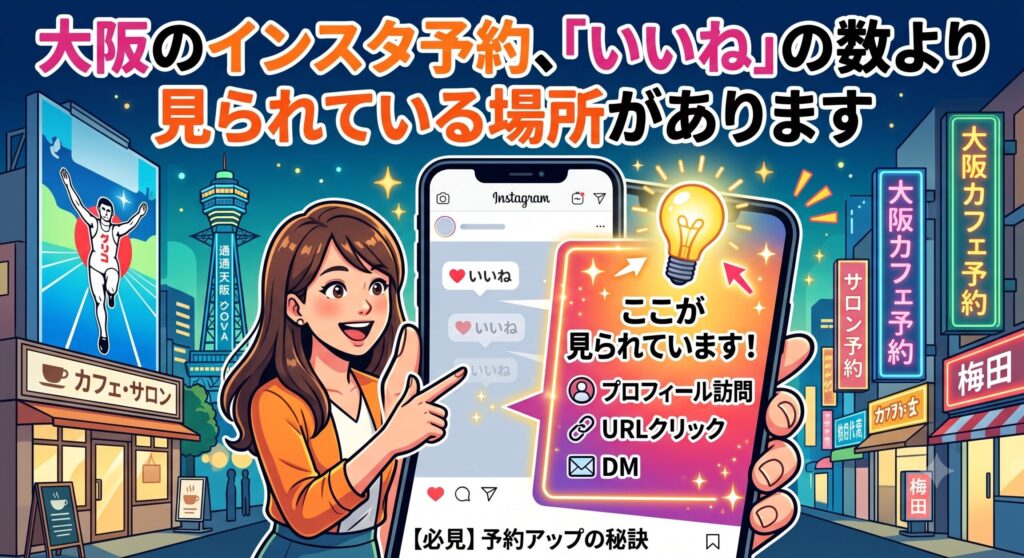 「大阪のインスタ予約、『いいね』の数より見られている場所があります」というテキストと、Instagram画面で「いいね」よりも「プロフィール訪問」や「URLクリック」が重要であることを指し示す女性のイラスト