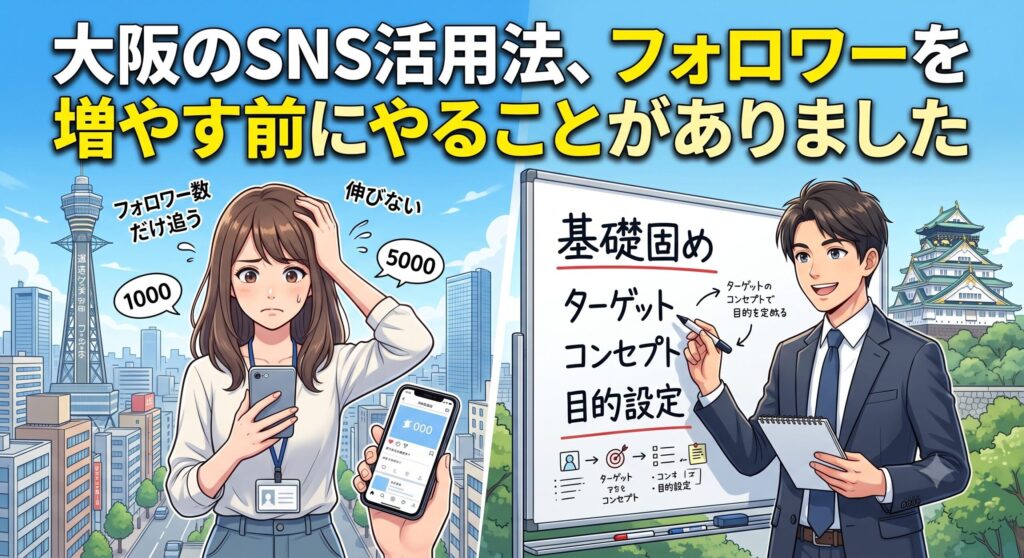 「大阪のSNS活用法、フォロワーを増やす前にやることがありました」のテキストと、大阪の街並みを背景に、スマホを見てフォロワー数に悩む人とホワイトボードでターゲットやコンセプトなどの基礎固めをしている人を対比したイラスト