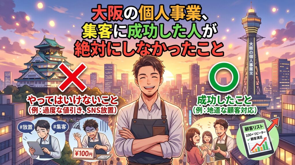 「大阪の個人事業、集客に成功した人が絶対にしなかったこと」のテキストと、大阪の街並みを背景に、失敗しがちな行動（×）と成功に繋がる地道な行動（◯）を対比して説明する個人事業主のイラスト