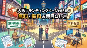 大阪の街並みを背景に、ランディングページ制作の「無料相談」と「有料相談」の分かれ道で悩む男女のビジネスパーソンのイラスト。「大阪でランディングページの相談、無料と有料の境目はどこ？」のタイトル文字入り。