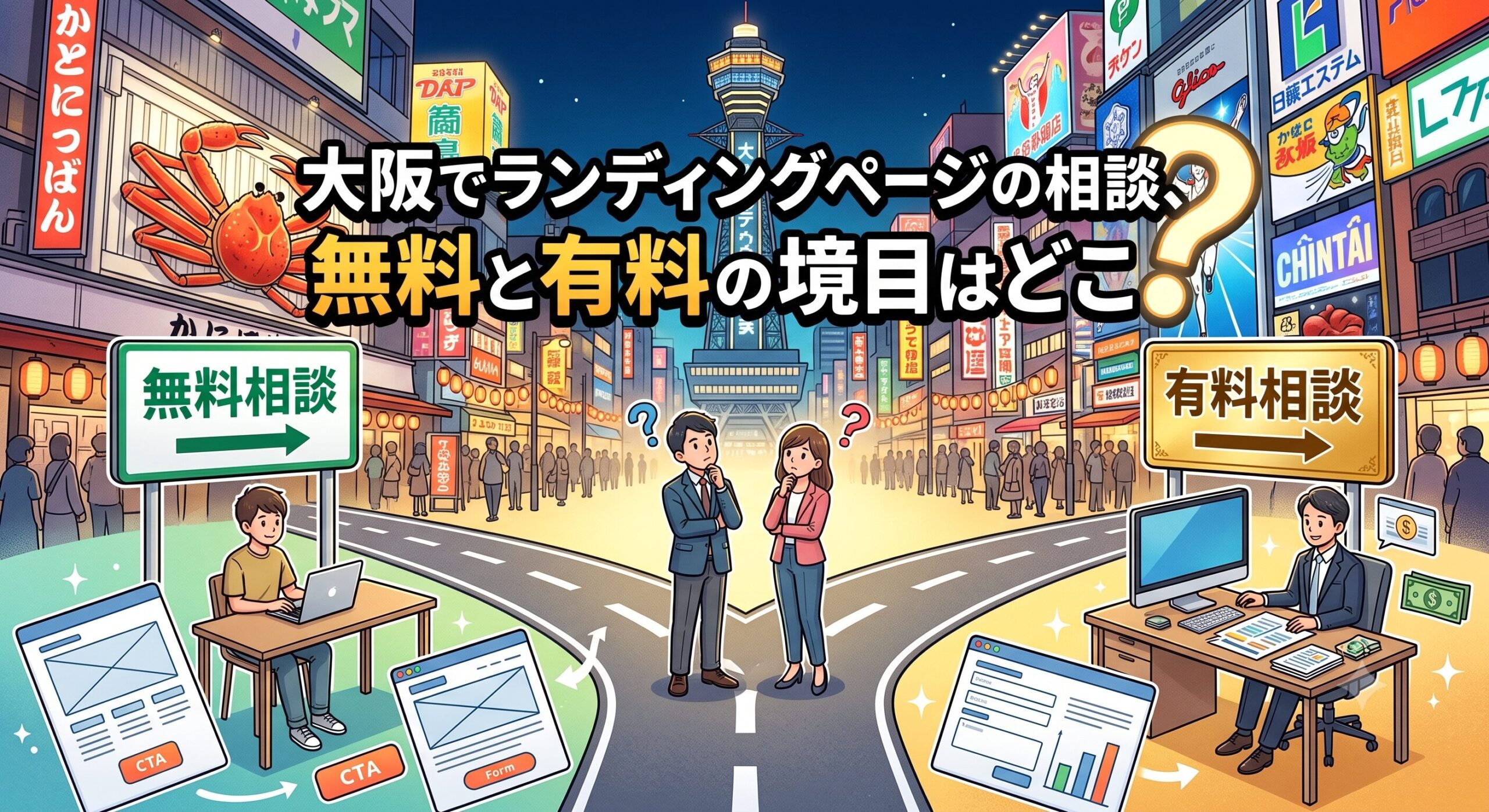 大阪の街並みを背景に、ランディングページ制作の「無料相談」と「有料相談」の分かれ道で悩む男女のビジネスパーソンのイラスト。「大阪でランディングページの相談、無料と有料の境目はどこ？」のタイトル文字入り。