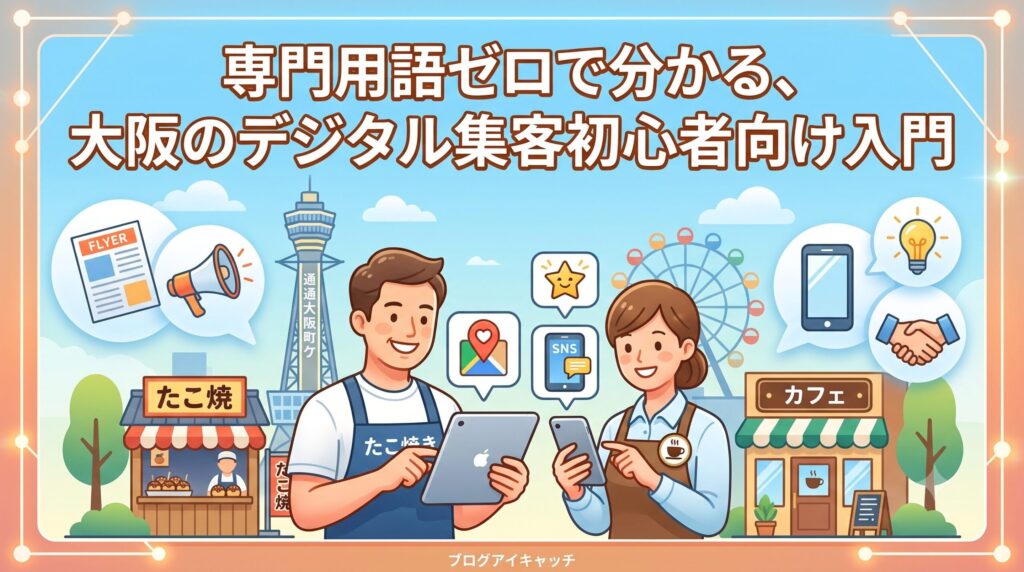 「専門用語ゼロで分かる、大阪のデジタル集客初心者向け入門」というテキストと、通天閣などの大阪の街並みを背景に、タブレットやスマートフォンを使ってマップやSNSなどのデジタルツールについて学んでいる店舗経営者（たこ焼き屋とカフェ）のイラスト。