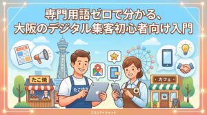 「専門用語ゼロで分かる、大阪のデジタル集客初心者向け入門」というテキストと、通天閣などの大阪の街並みを背景に、タブレットやスマートフォンを使ってマップやSNSなどのデジタルツールについて学んでいる店舗経営者（たこ焼き屋とカフェ）のイラスト。