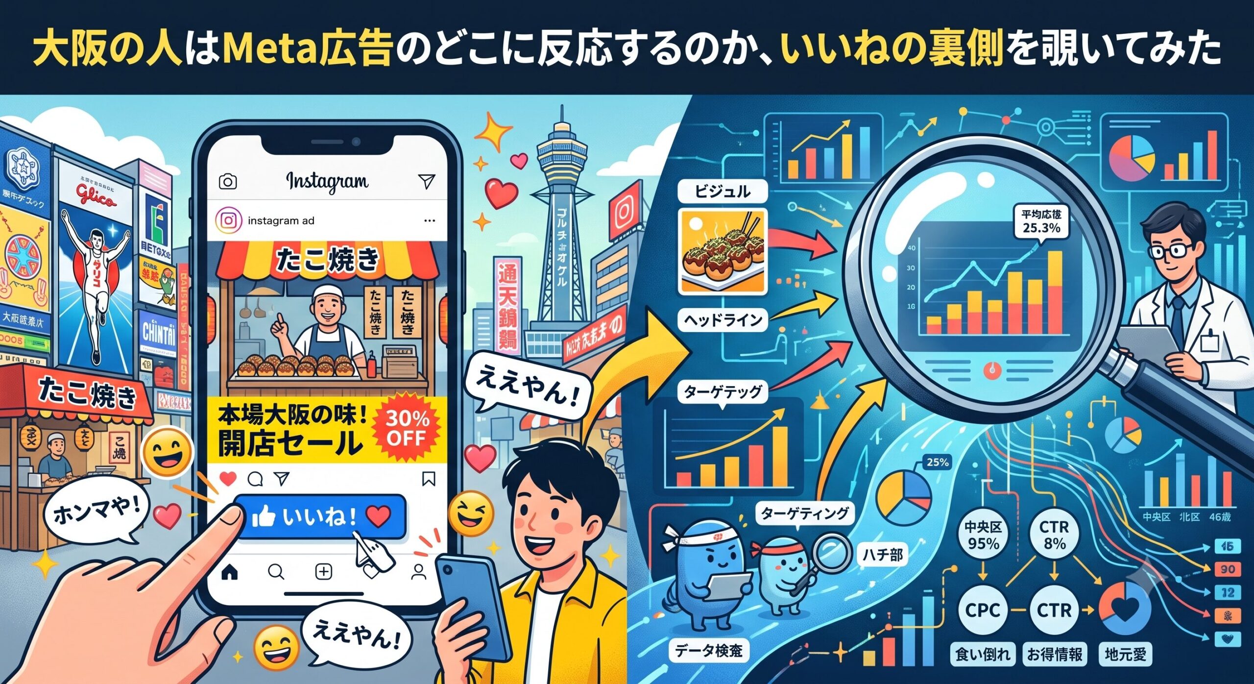 大阪の風景を背景にスマホのMeta広告（Instagram）に「いいね」をするユーザーと、その裏側で分析されている広告データ（CTR、CPCなど）のグラフを表したイラスト