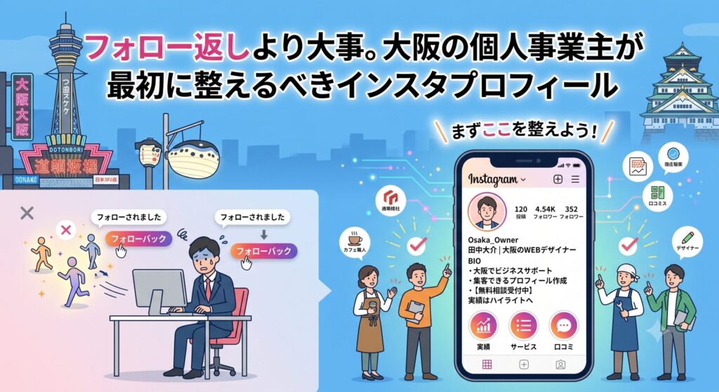 無駄なフォロー回り作業と、集客できるInstagramプロフィールを構築した状態を対比させたイラスト（大阪の風景背景）