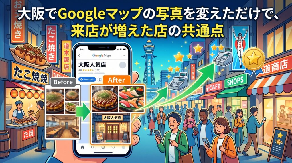 大阪の街並みを背景に、スマートフォンのGoogleマップで店舗写真を魅力的なものに変更（BeforeとAfterの比較）したことで、集客や売上アップに繋がっている様子を表したイラスト