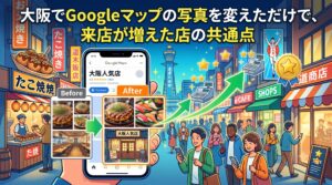 大阪の街並みを背景に、スマートフォンのGoogleマップで店舗写真を魅力的なものに変更（BeforeとAfterの比較）したことで、集客や売上アップに繋がっている様子を表したイラスト