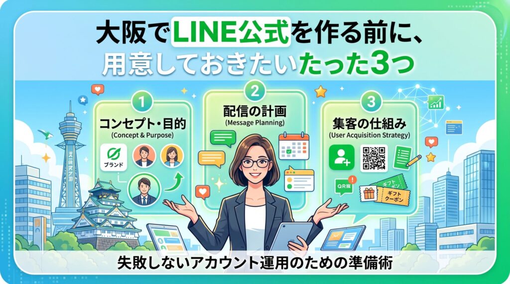 大阪の街並み（大阪城、通天閣）を背景に、女性がLINE公式アカウント作成前に必要な3つの準備（1.コンセプト・目的、2.配信の計画、3.集客の仕組み）を図解で案内しているブログ用アイキャッチ画像。上部に「大阪でLINE公式を作る前に、用意しておきたいたった3つ」のテキストが配置されている。