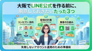 大阪の街並み（大阪城、通天閣）を背景に、女性がLINE公式アカウント作成前に必要な3つの準備（1.コンセプト・目的、2.配信の計画、3.集客の仕組み）を図解で案内しているブログ用アイキャッチ画像。上部に「大阪でLINE公式を作る前に、用意しておきたいたった3つ」のテキストが配置されている。