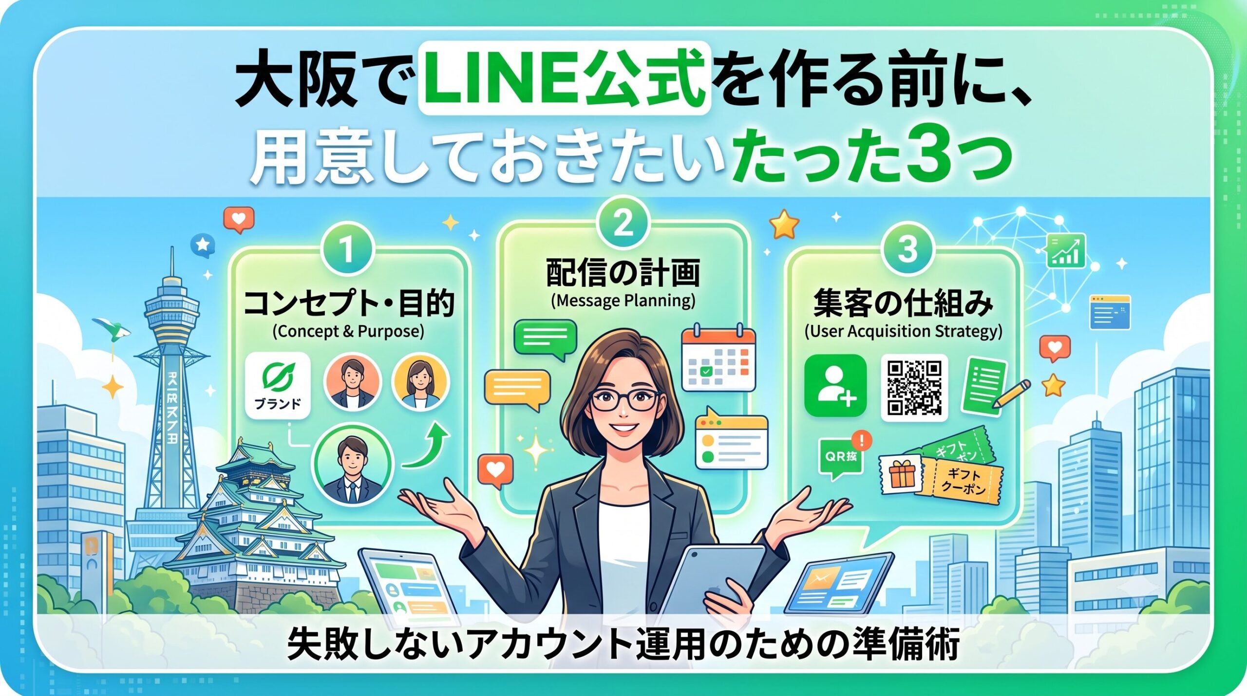 大阪の街並み（大阪城、通天閣）を背景に、女性がLINE公式アカウント作成前に必要な3つの準備（1.コンセプト・目的、2.配信の計画、3.集客の仕組み）を図解で案内しているブログ用アイキャッチ画像。上部に「大阪でLINE公式を作る前に、用意しておきたいたった3つ」のテキストが配置されている。
