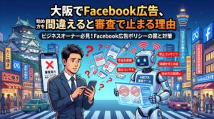 大阪の街並みを背景に、Facebook広告の審査に落ちて困惑するビジネスマンと、ポリシー違反をチェックする審査AIロボットを図解したイラスト
