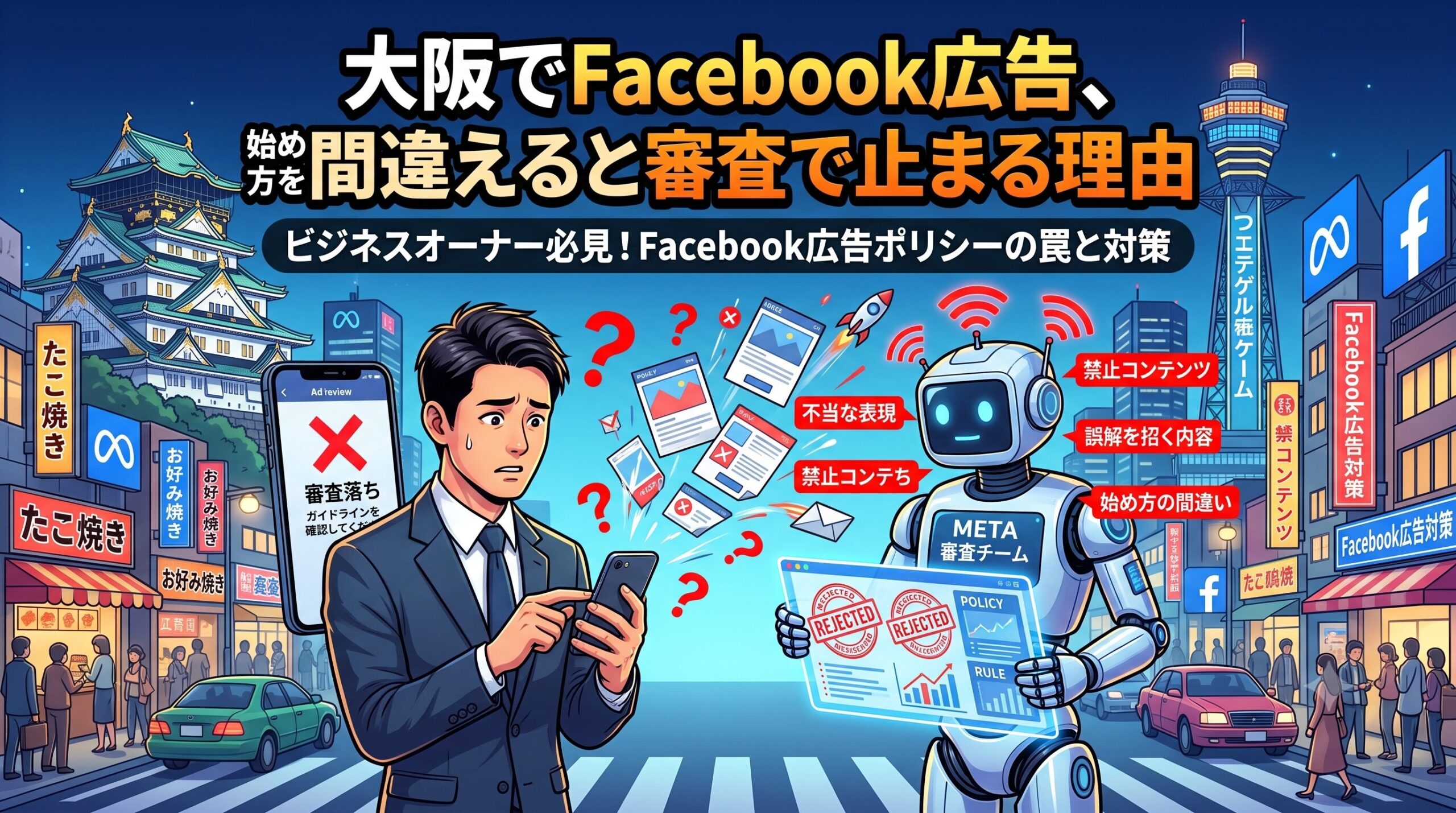 大阪の街並みを背景に、Facebook広告の審査に落ちて困惑するビジネスマンと、ポリシー違反をチェックする審査AIロボットを図解したイラスト