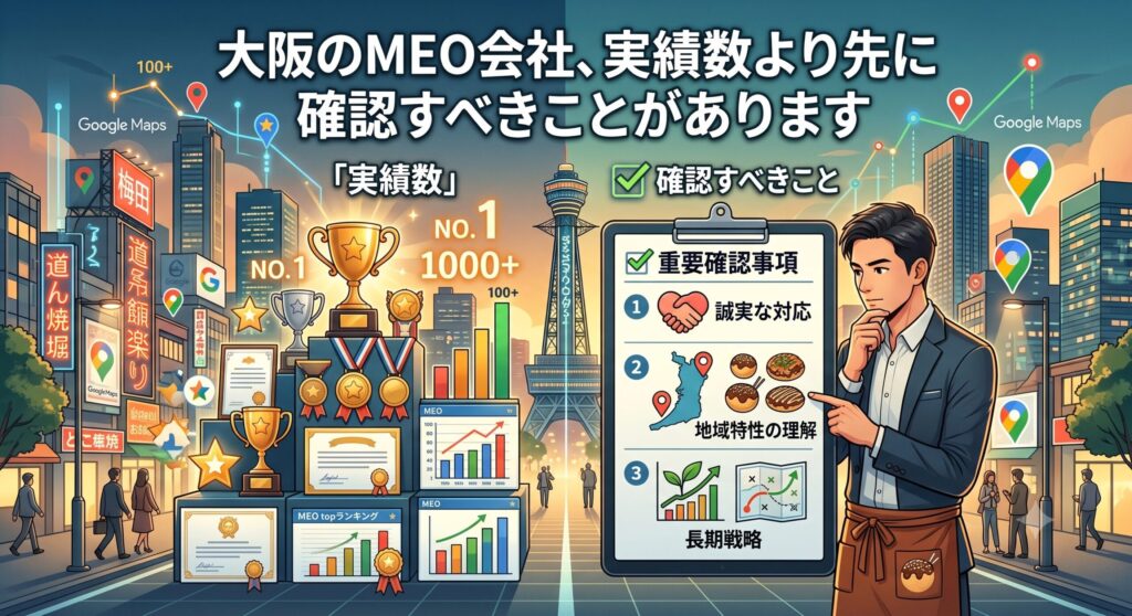 「大阪のMEO会社、実績数より先に確認すべきことがあります」というテキストと、表面的な実績数（トロフィーやランキング）と本質的な確認事項（誠実な対応、地域特性の理解、長期戦略）を左右で対比し、チェックポイントを指し示す男性のイラスト